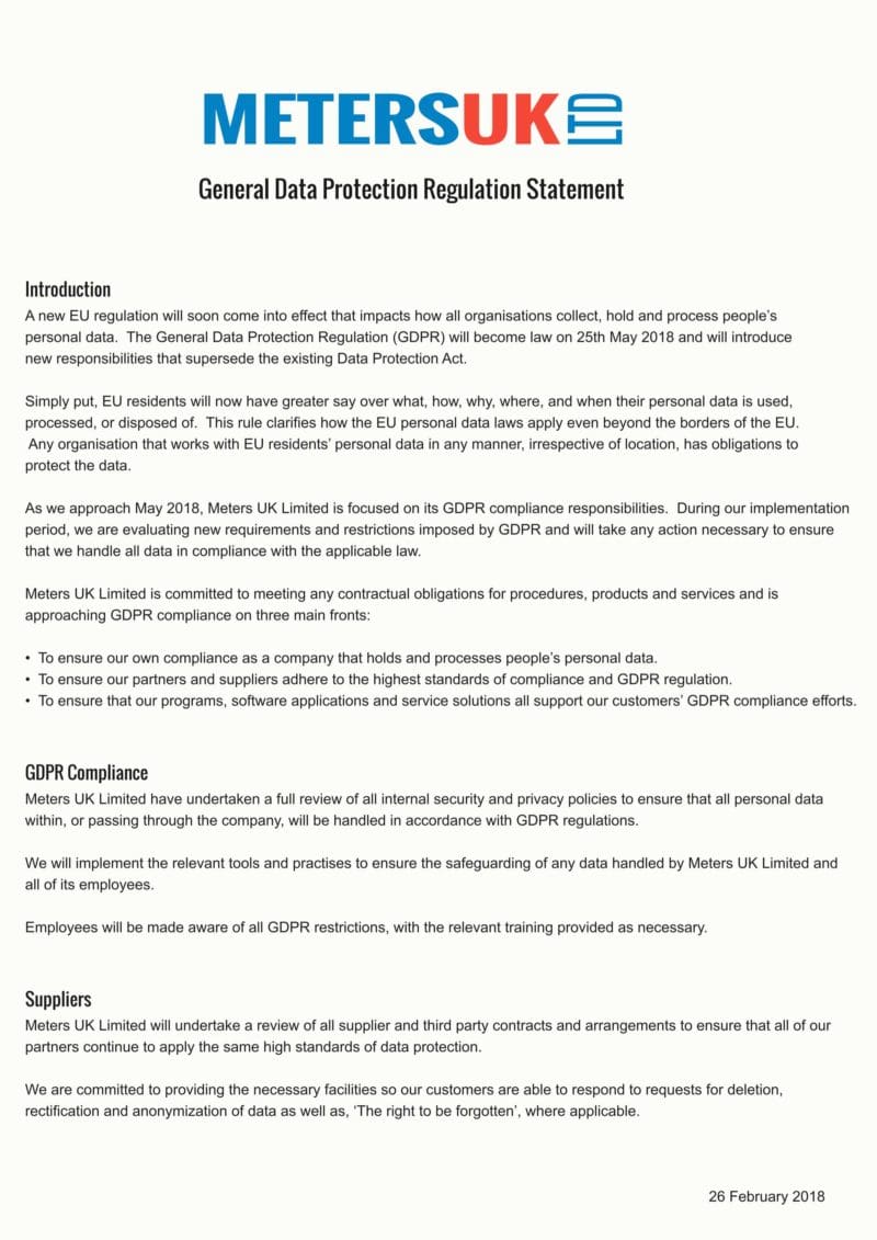 Data Protection Policy & Statement - Meters UK