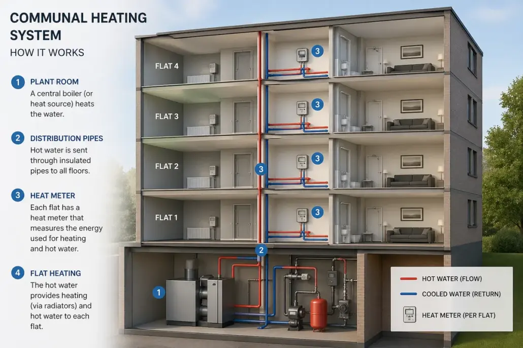 Diagram of a communal heating system showing a central plant room boiler distributing hot water through insulated pipes to four flats, with individual heat meters at each unit's entry point.