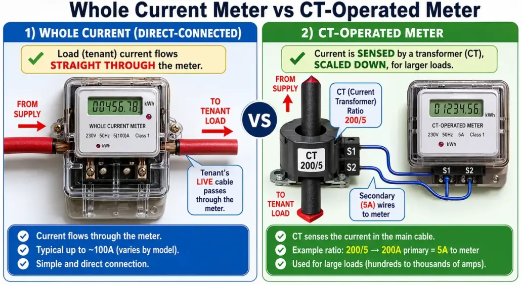 Side-by-side comparison of a whole current (direct-connected) electricity meter, where the tenant load current flows straight through the meter, and a CT-operated meter, where a current transformer with a 200/5 ratio senses the current in the main cable and sends a scaled-down 5A signal to the meter.