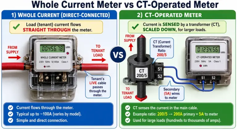 Side-by-side comparison of a whole current (direct-connected) electricity meter, where the tenant load current flows straight through the meter, and a CT-operated meter, where a current transformer with a 200/5 ratio senses the current in the main cable and sends a scaled-down 5A signal to the meter.