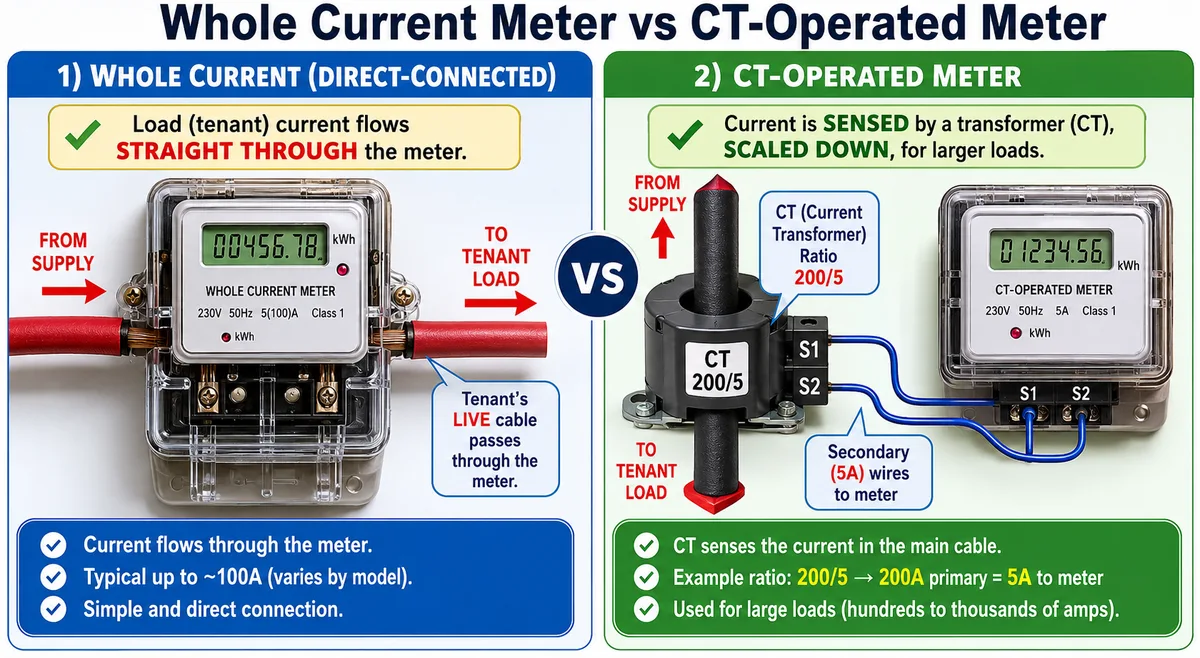 Side-by-side comparison of a whole current (direct-connected) electricity meter, where the tenant load current flows straight through the meter, and a CT-operated meter, where a current transformer with a 200/5 ratio senses the current in the main cable and sends a scaled-down 5A signal to the meter.