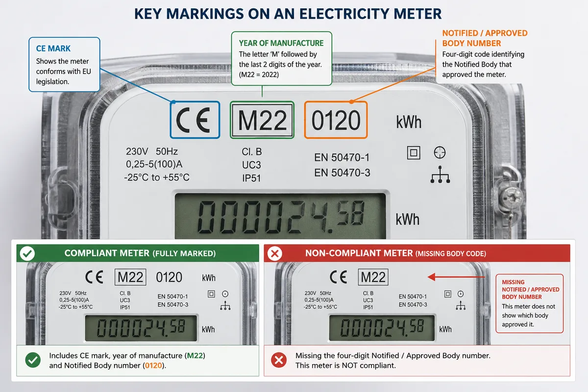 Annotated electricity meter showing the three key markings required for MID approval: the CE or UKCA mark, the letter M followed by the two-digit year of manufacture (M22 = 2022), and the four-digit Notified or Approved Body code (0120). Includes a compliant vs non-compliant comparison.