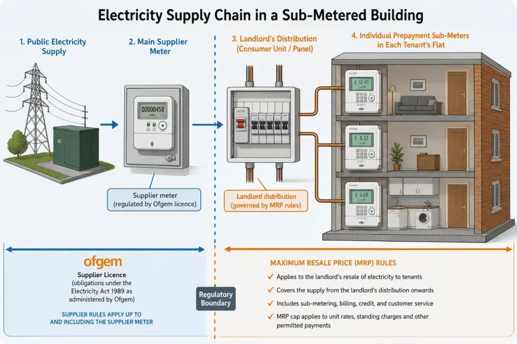 Diagram showing the electricity supply chain in a sub-metered building. The public supply and supplier meter on the left are regulated by the Ofgem supplier licence; the landlord distribution and individual prepayment sub-meters on the right are governed by the Maximum Resale Price rules.
