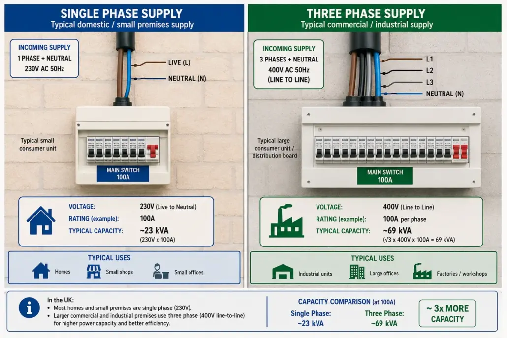 Side-by-side comparison of a UK single phase electricity supply (230V at 100A, typical capacity around 23 kVA) and a three phase supply (400V line-to-line at 100A per phase, typical capacity around 69 kVA), showing the cable conductors, consumer units, and typical uses for each.