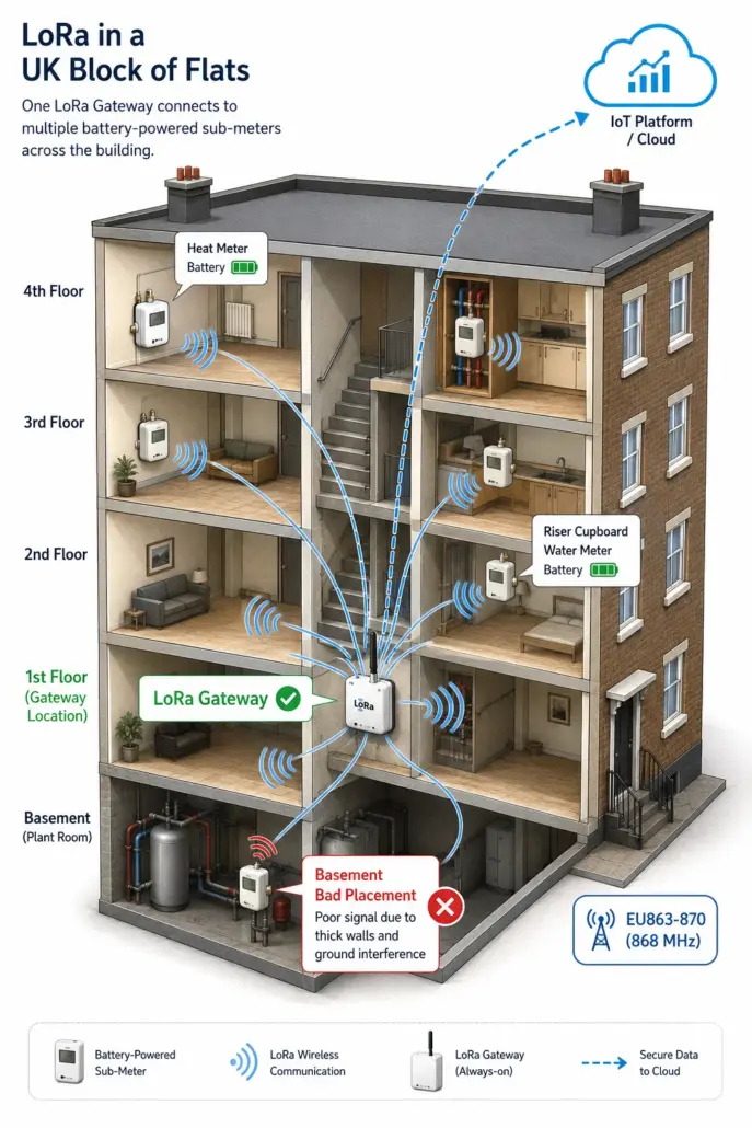 Isometric cutaway diagram of a five-floor UK block of flats showing a centrally-mounted LoRa gateway on the first floor wirelessly connecting to battery-powered sub-meters on each floor (heat meter on the 4th, water meter on the 2nd, others throughout). A basement meter is marked with a red cross showing where gateway placement fails. The gateway forwards readings to a cloud platform. Frequency labelled as EU863-870 (868 MHz).