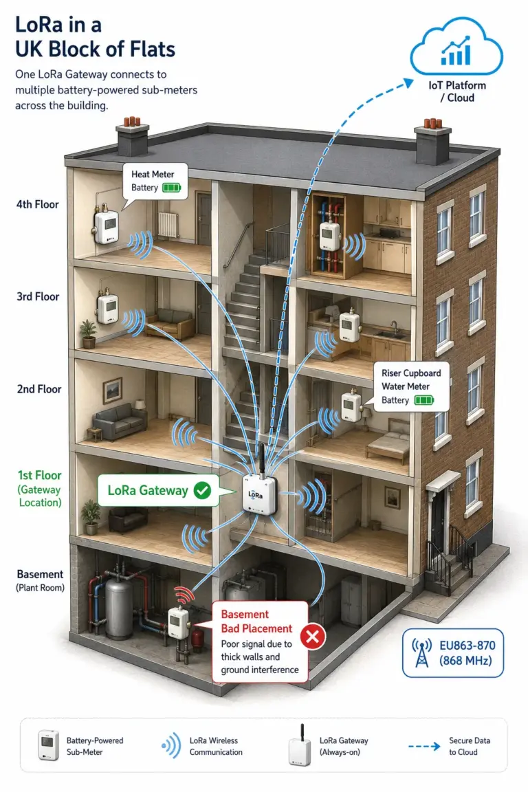 Isometric cutaway diagram of a five-floor UK block of flats showing a centrally-mounted LoRa gateway on the first floor wirelessly connecting to battery-powered sub-meters on each floor (heat meter on the 4th, water meter on the 2nd, others throughout). A basement meter is marked with a red cross showing where gateway placement fails. The gateway forwards readings to a cloud platform. Frequency labelled as EU863-870 (868 MHz).