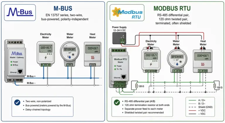 Side-by-side comparison diagram of an M-Bus meter network and a Modbus RTU meter network. The M-Bus panel shows three utility meters (electricity, water, heat) daisy-chained on a two-wire bus to an M-Bus gateway, with bus-powered meters and polarity-independent wiring. The Modbus RTU panel shows the same meters on a shielded RS-485 differential pair with 120 ohm termination resistors at each end and a separate 12-24V DC power supply to each meter.