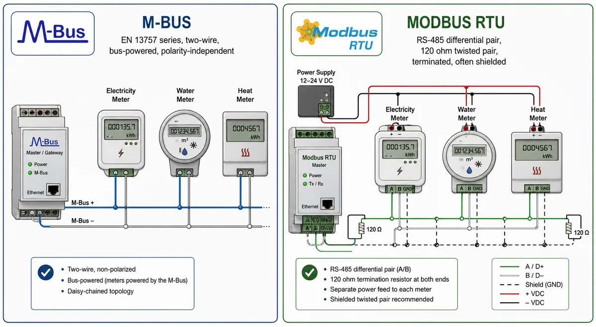 Side-by-side comparison diagram of an M-Bus meter network and a Modbus RTU meter network. The M-Bus panel shows three utility meters (electricity, water, heat) daisy-chained on a two-wire bus to an M-Bus gateway, with bus-powered meters and polarity-independent wiring. The Modbus RTU panel shows the same meters on a shielded RS-485 differential pair with 120 ohm termination resistors at each end and a separate 12-24V DC power supply to each meter.