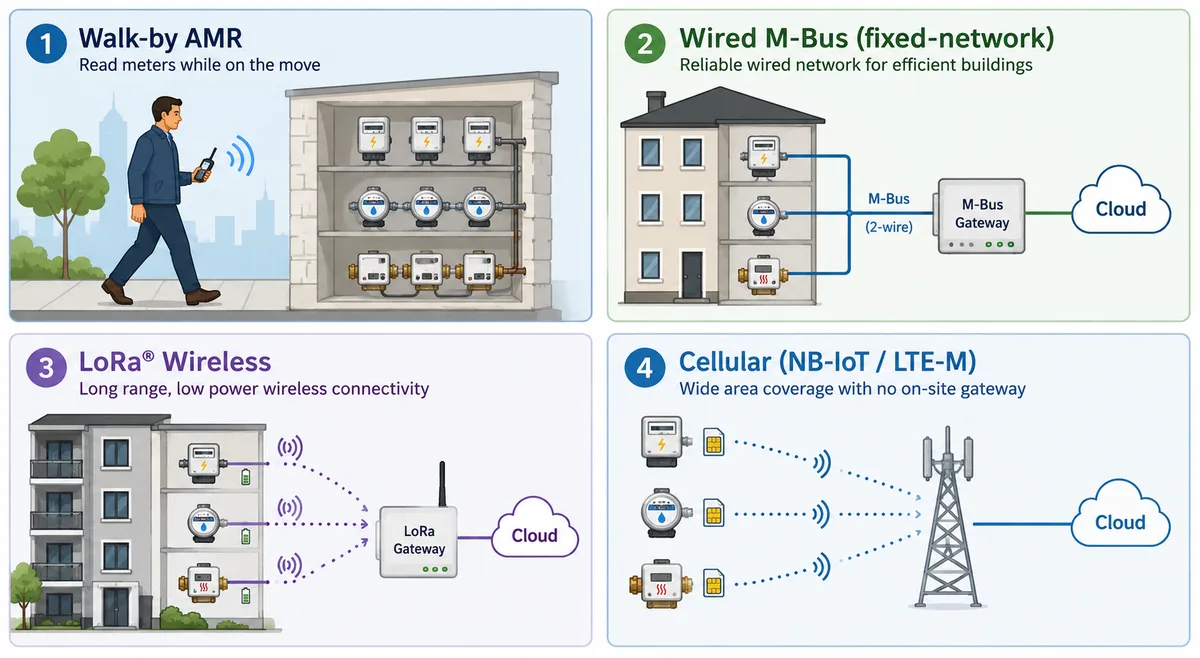Four-panel comparison diagram of remote meter reading options for UK landlords. Panel 1: walk-by AMR with a handheld unit. Panel 2: wired M-Bus on a two-wire bus to an M-Bus gateway and cloud. Panel 3: LoRa wireless meters reporting to an on-site LoRa gateway and cloud. Panel 4: cellular meters (NB-IoT or LTE-M) reporting directly to a cellular tower and cloud, no on-site gateway.