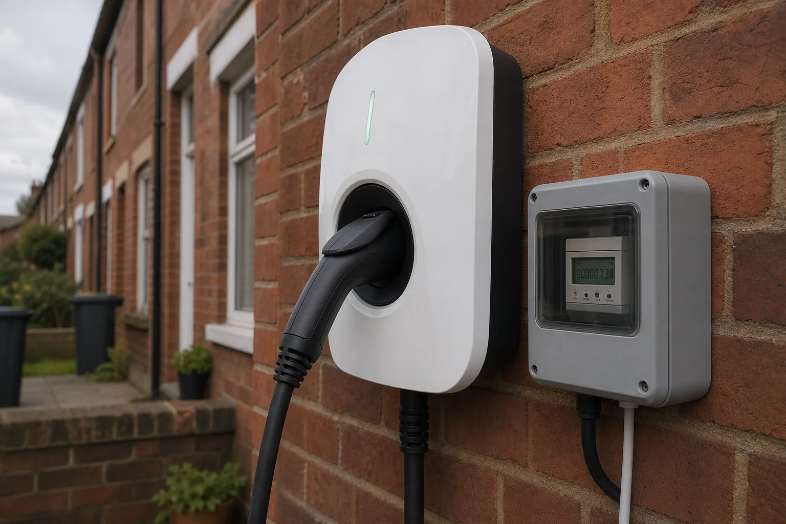 White wallbox EV charger on the brick wall of a UK terraced rental property, with a separate weatherproof enclosure housing a DIN-rail electricity sub-meter for billing.