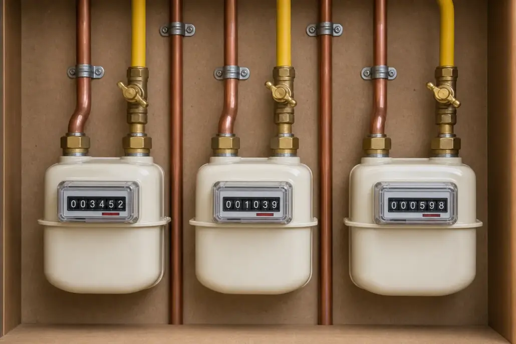 A row of three domestic diaphragm gas sub-meters with brass isolation valves and copper and yellow gas pipework in a UK communal meter cupboard.