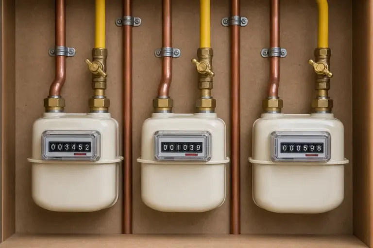 A row of three domestic diaphragm gas sub-meters with brass isolation valves and copper and yellow gas pipework in a UK communal meter cupboard.