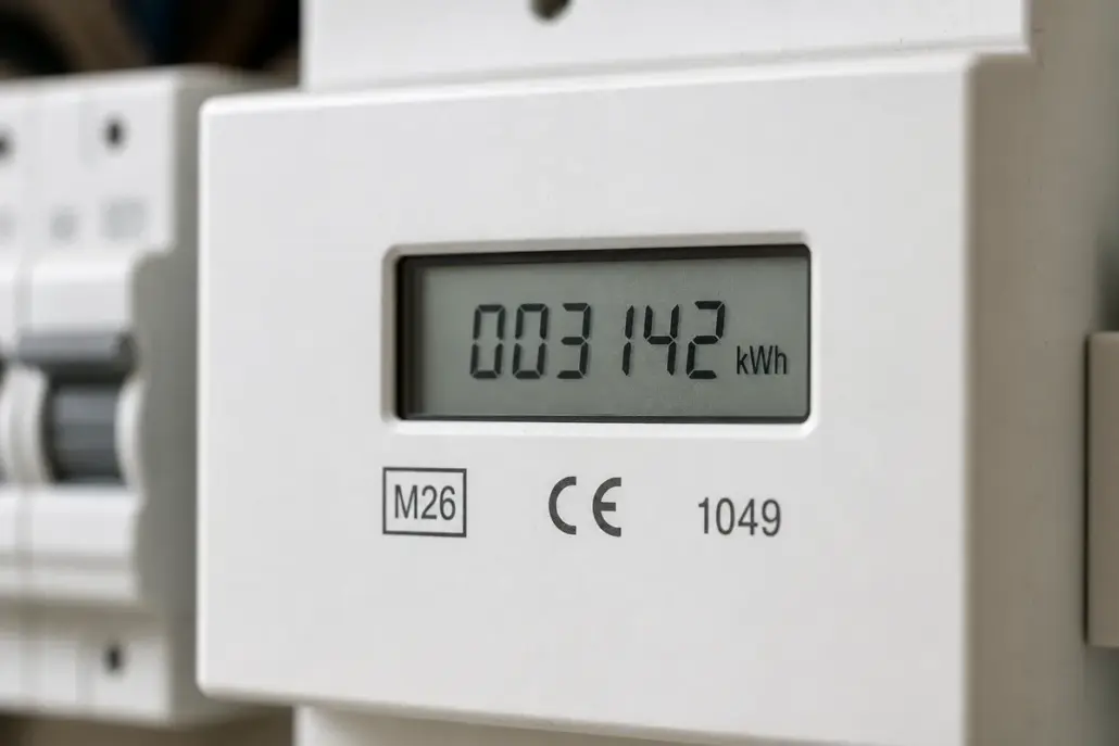 Data plate on a MID approved sub meter showing the M year rectangle and CE marking
