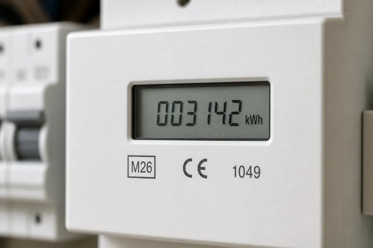 Data plate on a MID approved sub meter showing the M year rectangle and CE marking