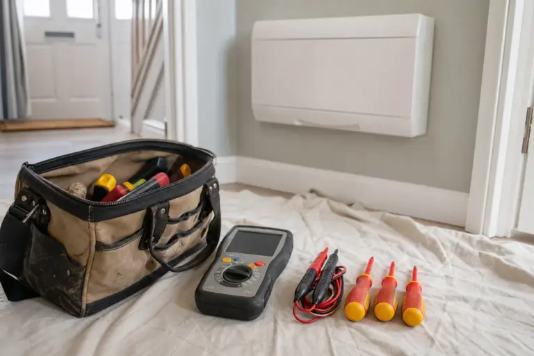 Electrician's tester and insulated tools in front of a domestic consumer unit