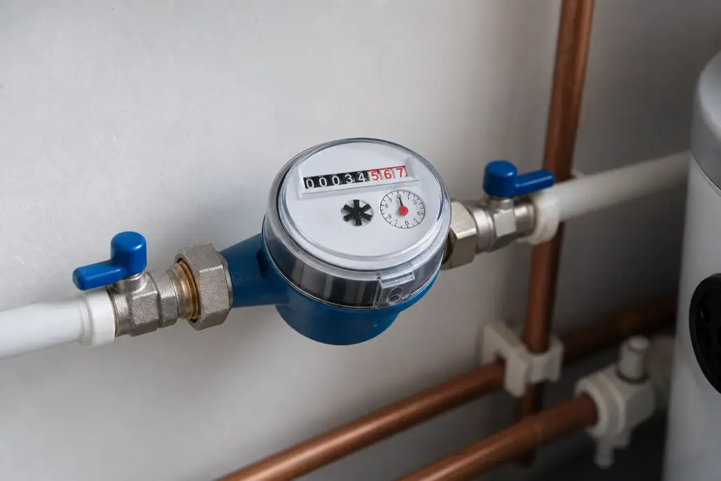 Compact water sub-meter with a mechanical dial register installed on a white plastic supply pipe beside copper pipework, with isolation valves either side, in a UK utility cupboard.