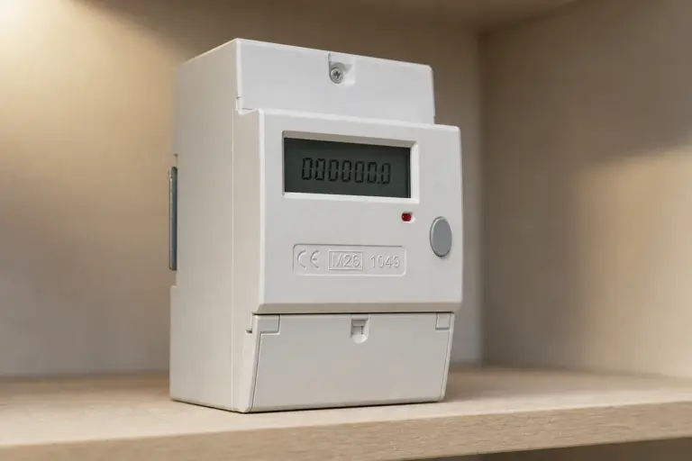 A single phase electricity sub-meter on a shelf in a domestic cupboard, showing a kilowatt hour display, a CE mark and a boxed M year marking