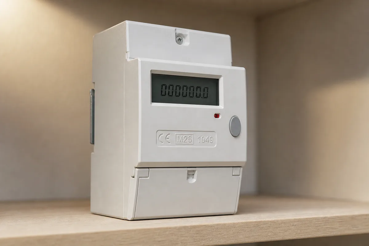 A single phase electricity sub-meter on a shelf in a domestic cupboard, showing a kilowatt hour display, a CE mark and a boxed M year marking