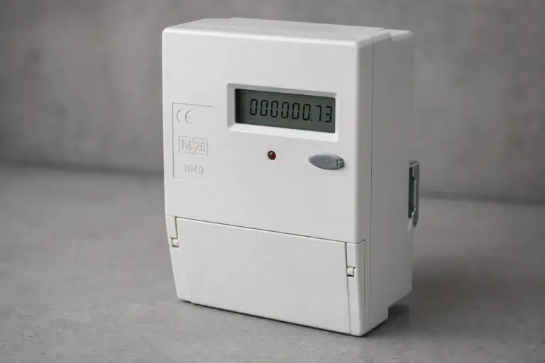 A single phase electricity sub-meter on a workbench showing a kilowatt hour reading, a CE mark and a boxed M year marking