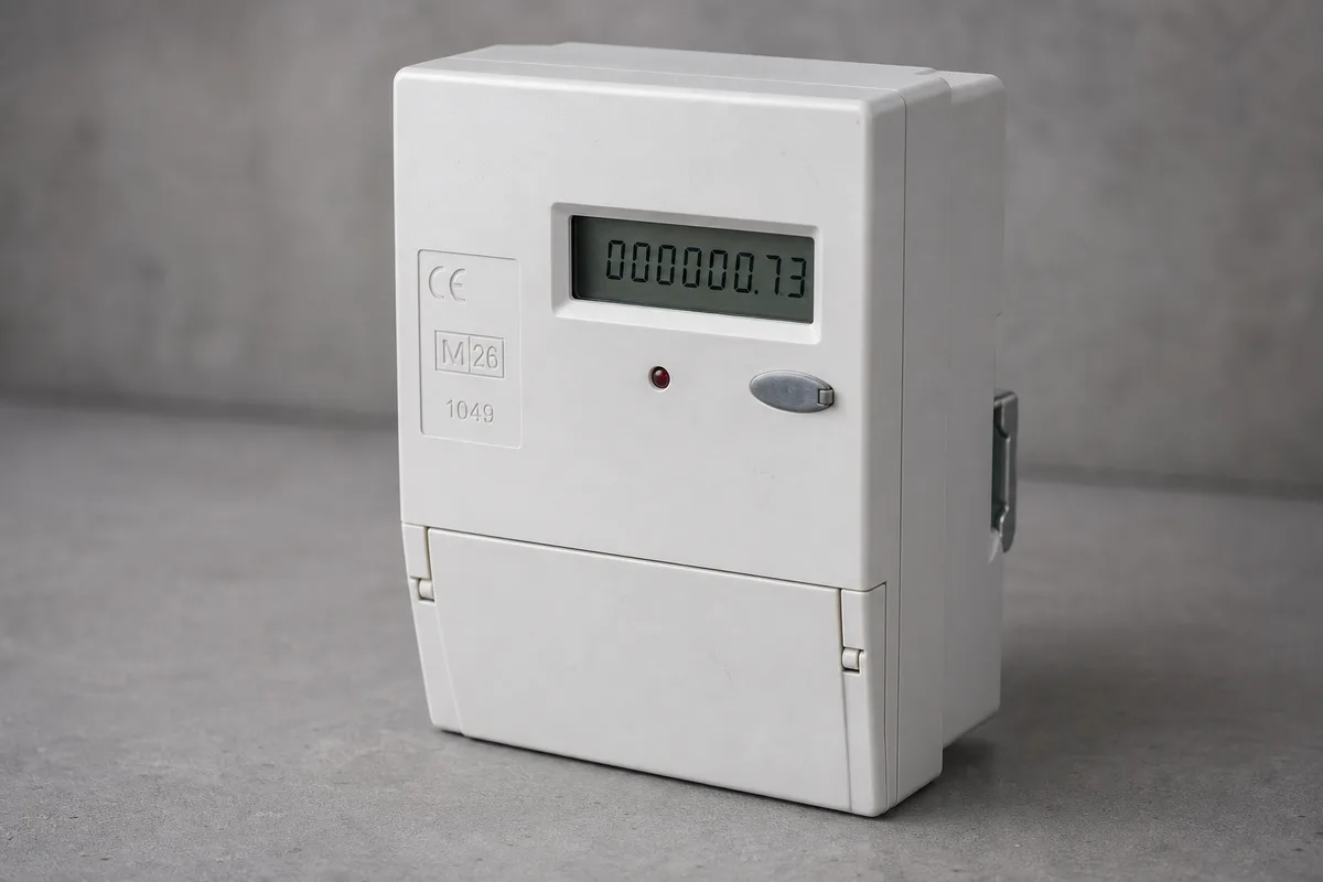 A single phase electricity sub-meter on a workbench showing a kilowatt hour reading, a CE mark and a boxed M year marking
