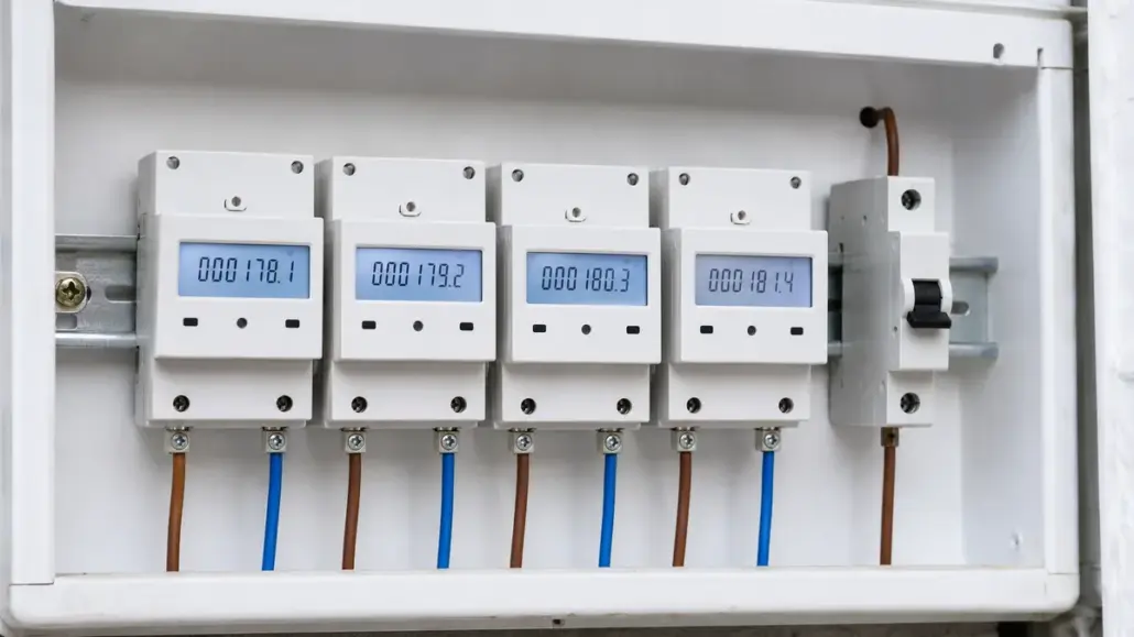 A row of four DIN-rail electricity sub-meters and a circuit breaker in a distribution board, used to bill separate units in a UK HMO.