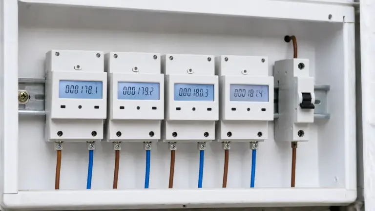 A row of four DIN-rail electricity sub-meters and a circuit breaker in a distribution board, used to bill separate units in a UK HMO.