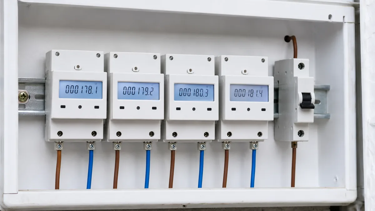 A row of four DIN-rail electricity sub-meters and a circuit breaker in a distribution board, used to bill separate units in a UK HMO.