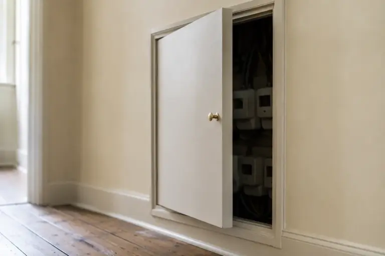 A communal electricity meter cupboard set into a hallway wall in a converted UK house, door open, with a bank of sub-meters visible in shadow inside.