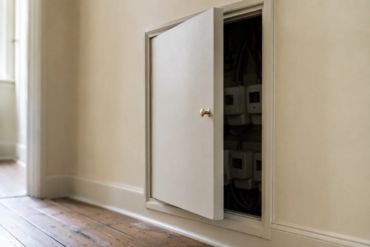 A communal electricity meter cupboard set into a hallway wall in a converted UK house, door open, with a bank of sub-meters visible in shadow inside.