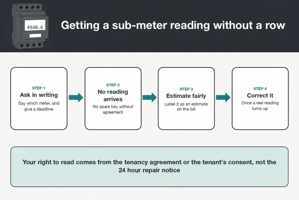 Four step flow showing a landlord requesting a sub-meter reading in writing, estimating fairly when none arrives, and correcting the bill once a real reading is given