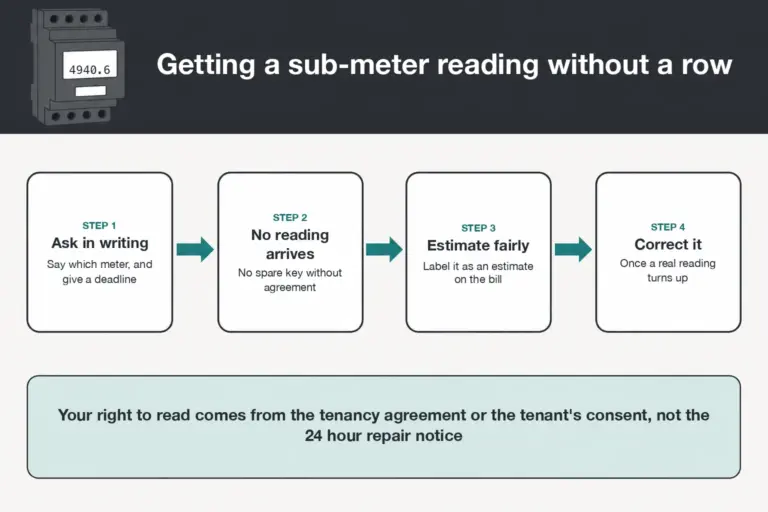 Four step flow showing a landlord requesting a sub-meter reading in writing, estimating fairly when none arrives, and correcting the bill once a real reading is given