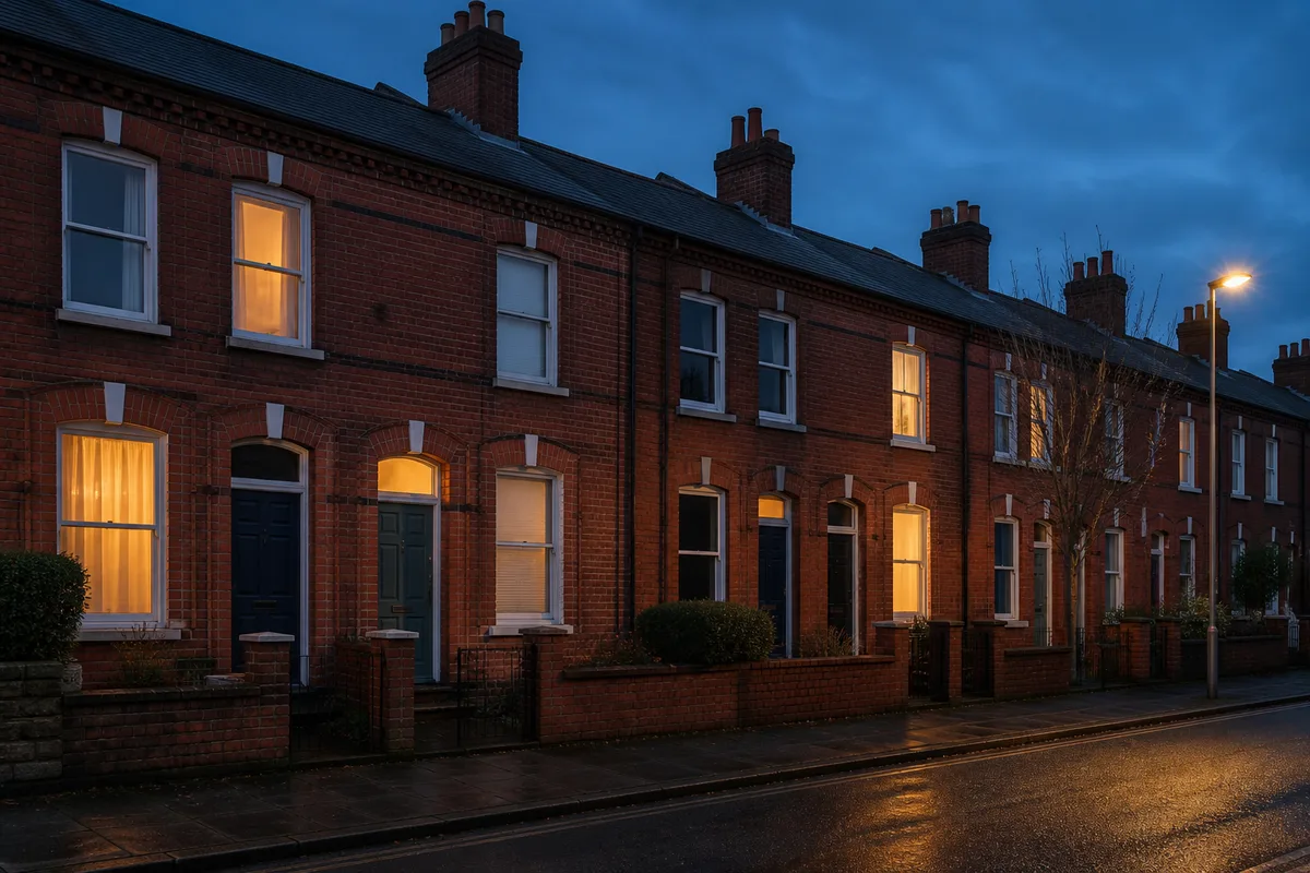 A row of British red brick terraced houses at dusk, some windows lit and others dark, showing separate households sharing one building